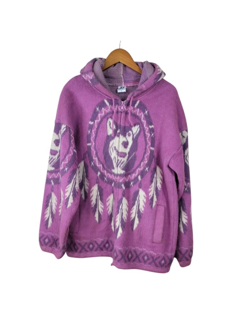 Vintage 90s Husky Wolf Dreamcatcher Jacket Large Native American Feather Hooded
